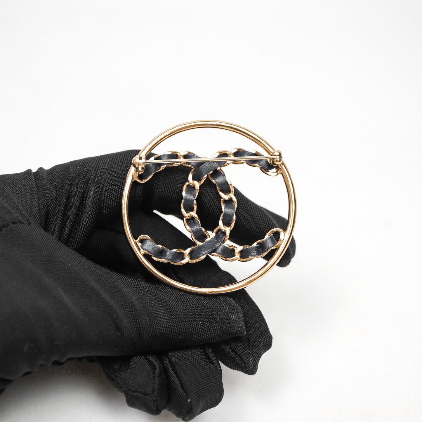 Chanel Black Leather CC Logo Brooch Gold Tone 19P