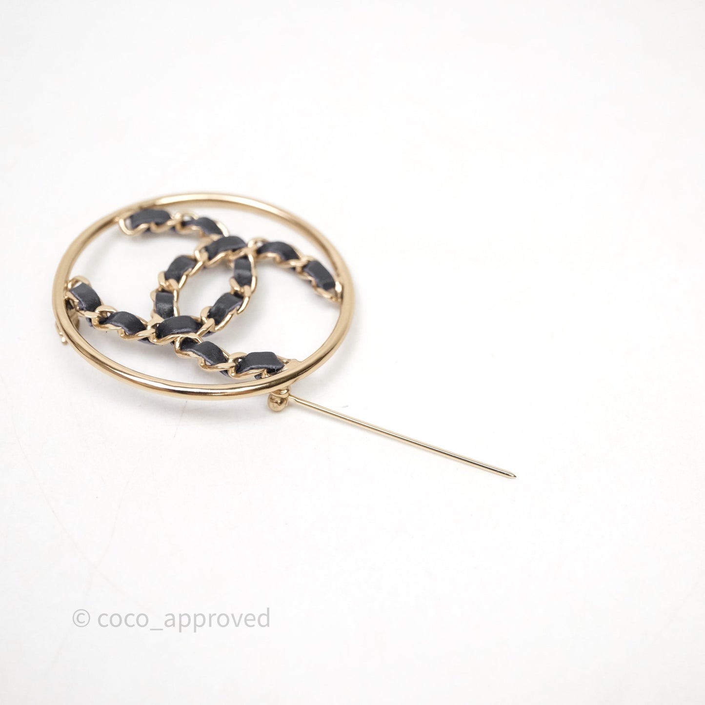 Chanel Black Leather CC Logo Brooch Gold Tone 19P