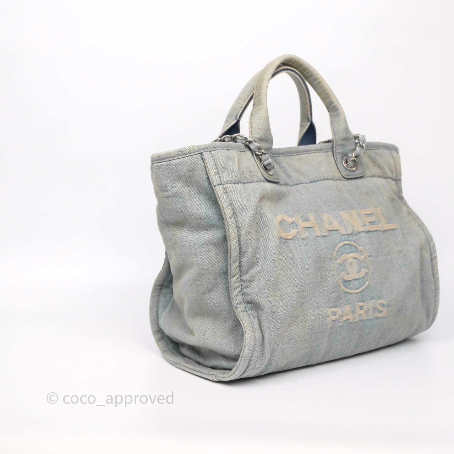 Chanel New Small Deauville Tote Denim Light Blue Aged Silver Hardware