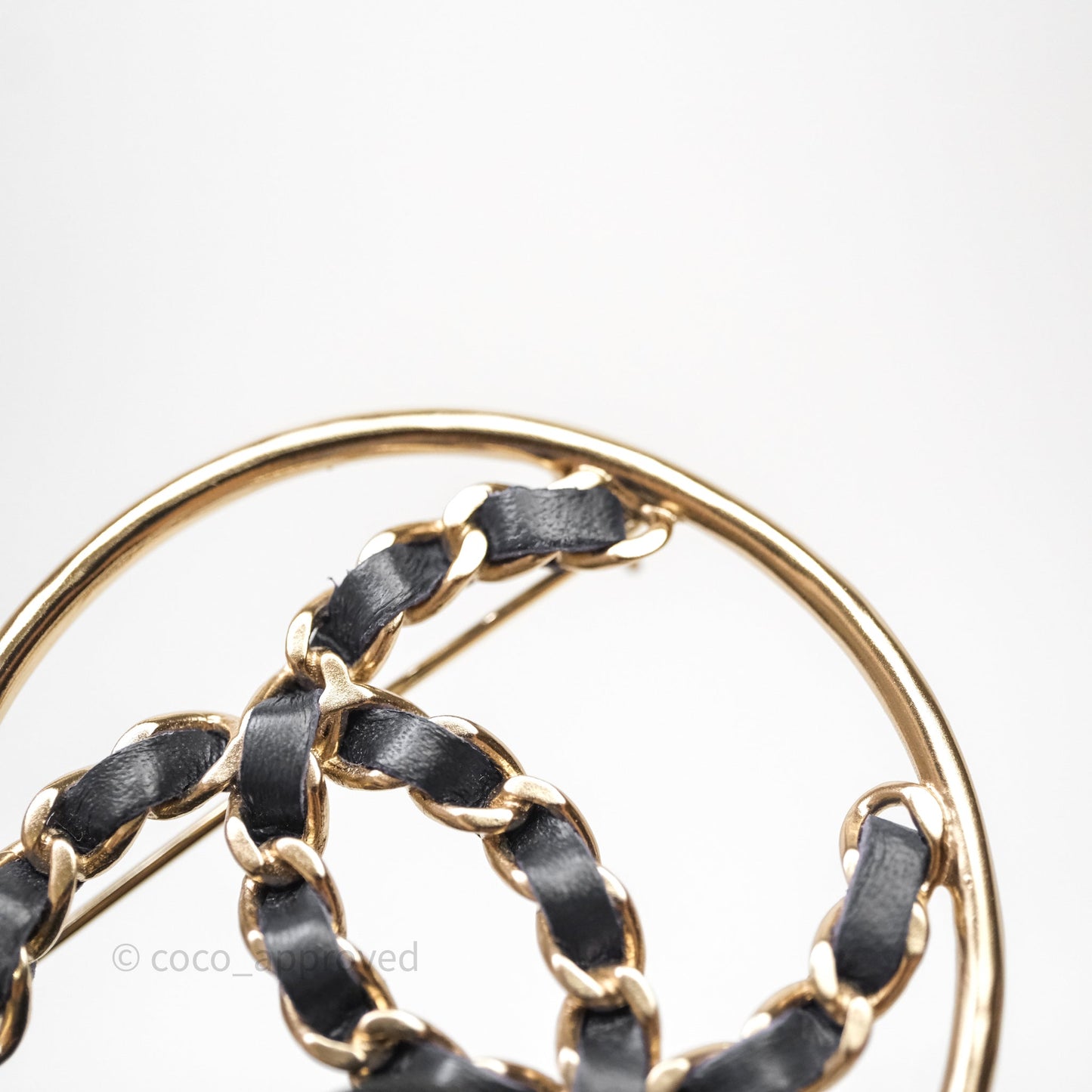 Chanel Black Leather CC Logo Brooch Gold Tone 19P