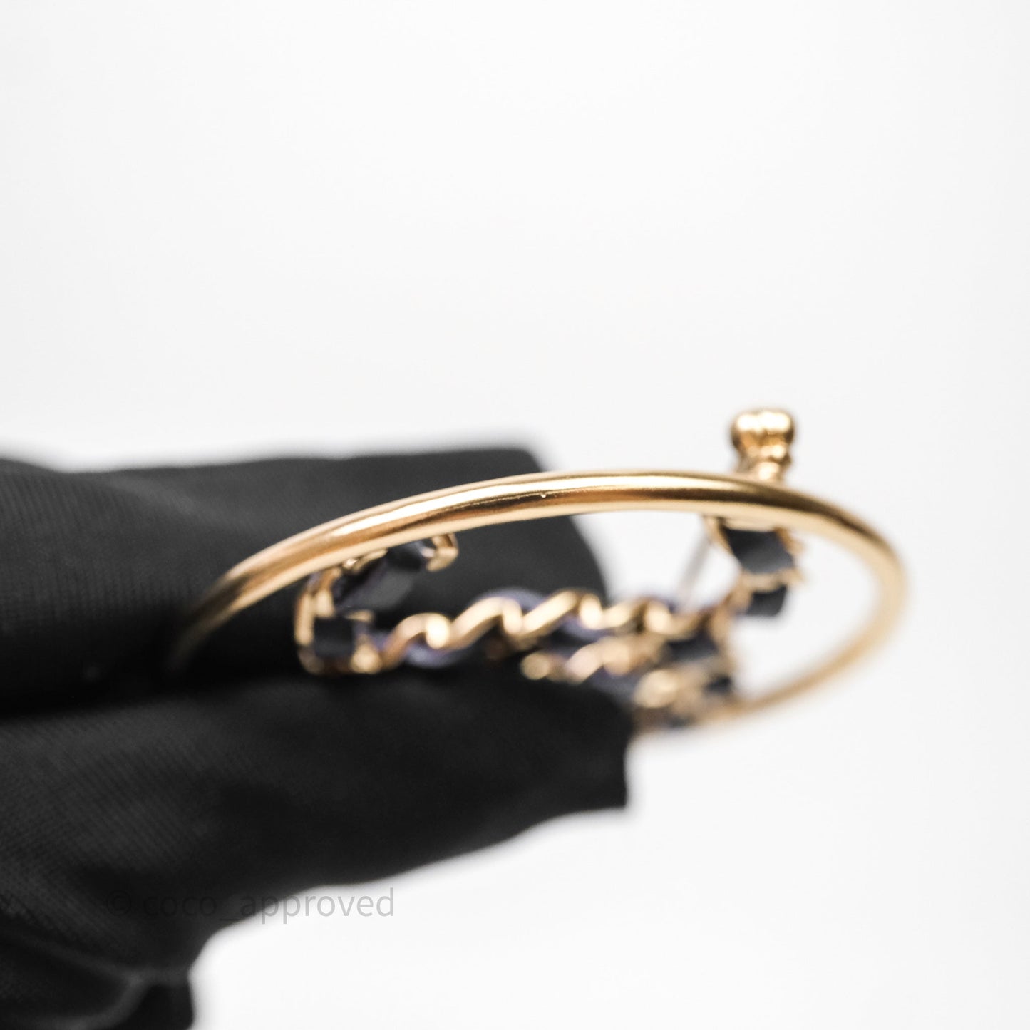 Chanel Black Leather CC Logo Brooch Gold Tone 19P