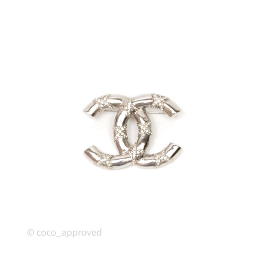 Chanel Crystal CC Logo Brooch Silver Tone 21B