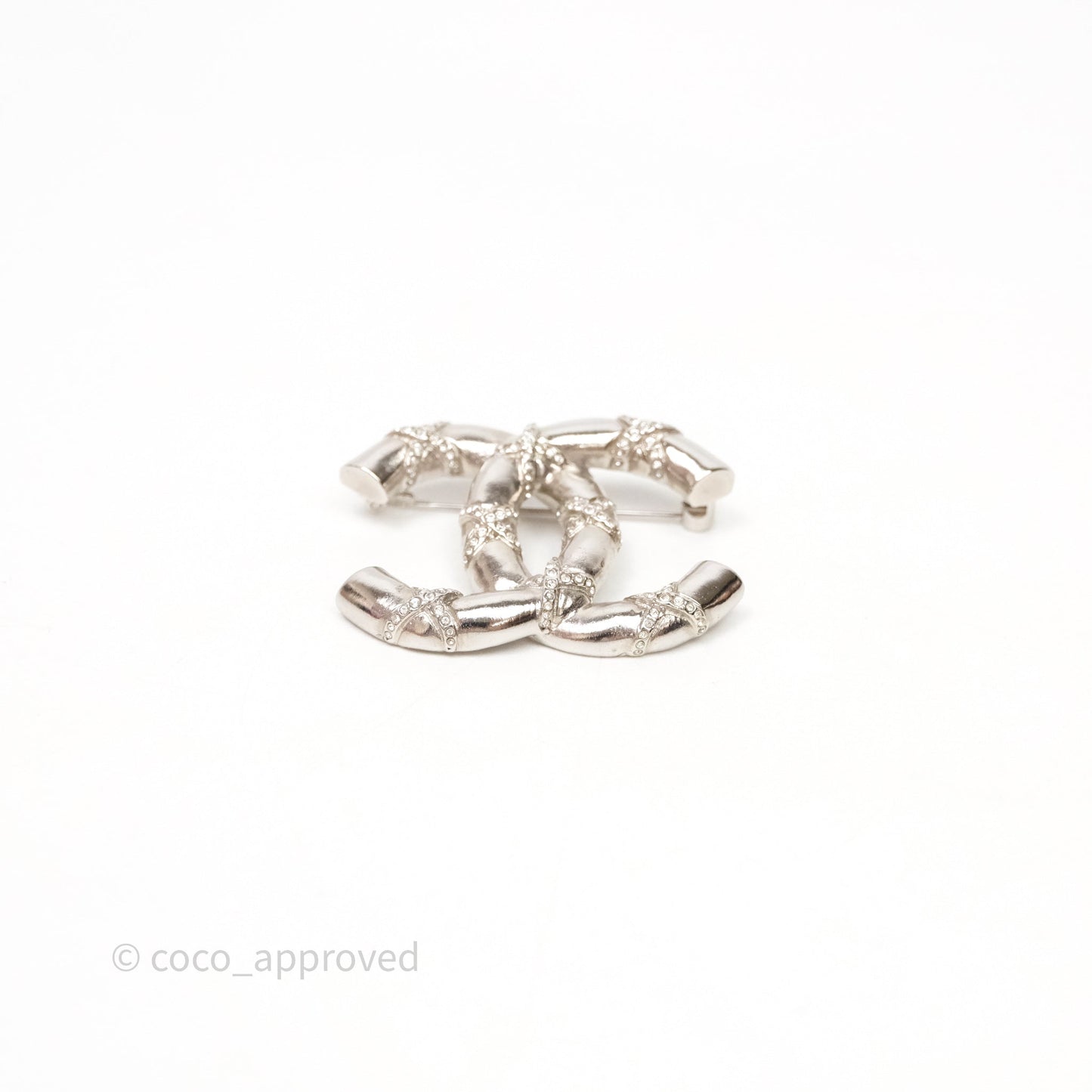 Chanel Crystal CC Logo Brooch Silver Tone 21B