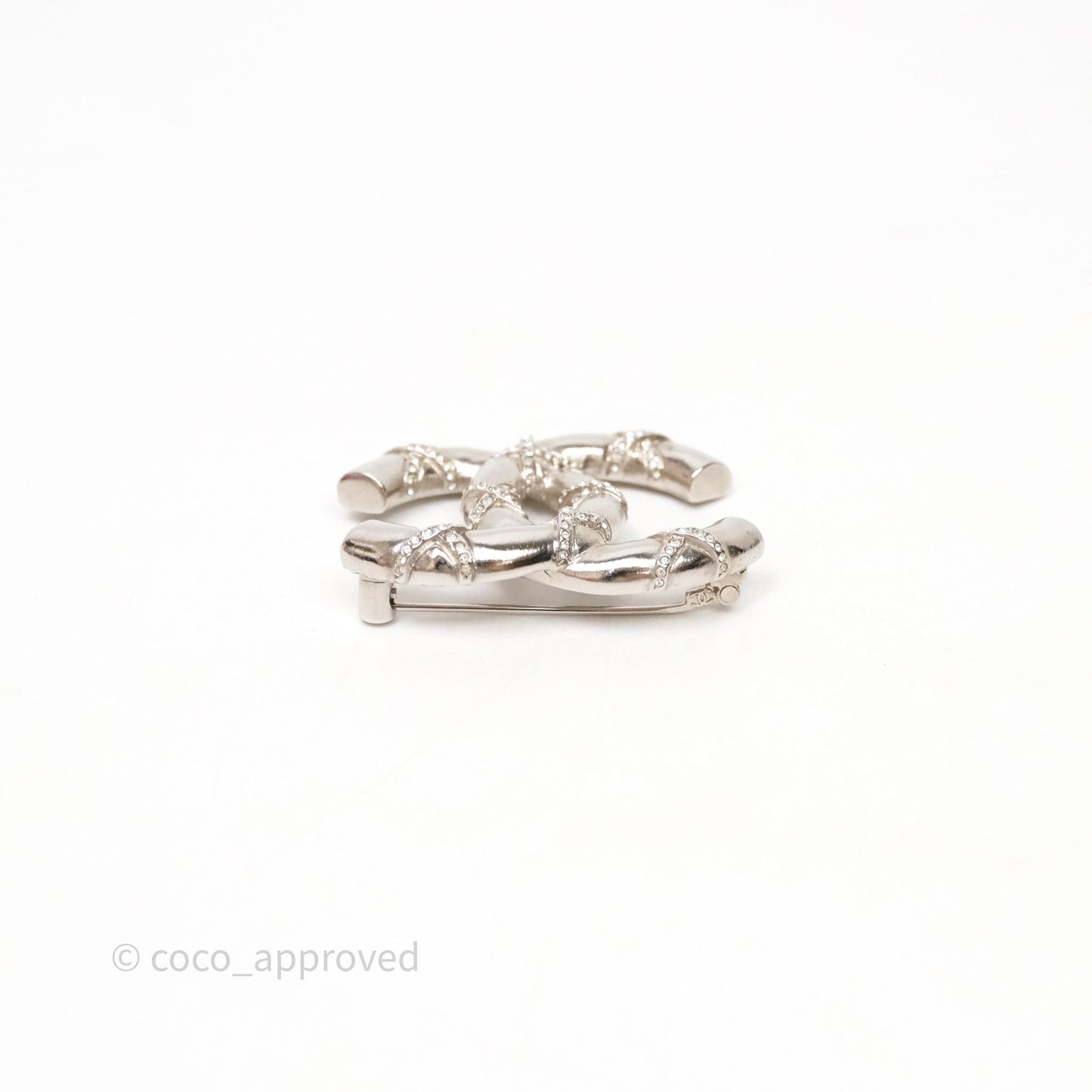 Chanel Crystal CC Logo Brooch Silver Tone 21B
