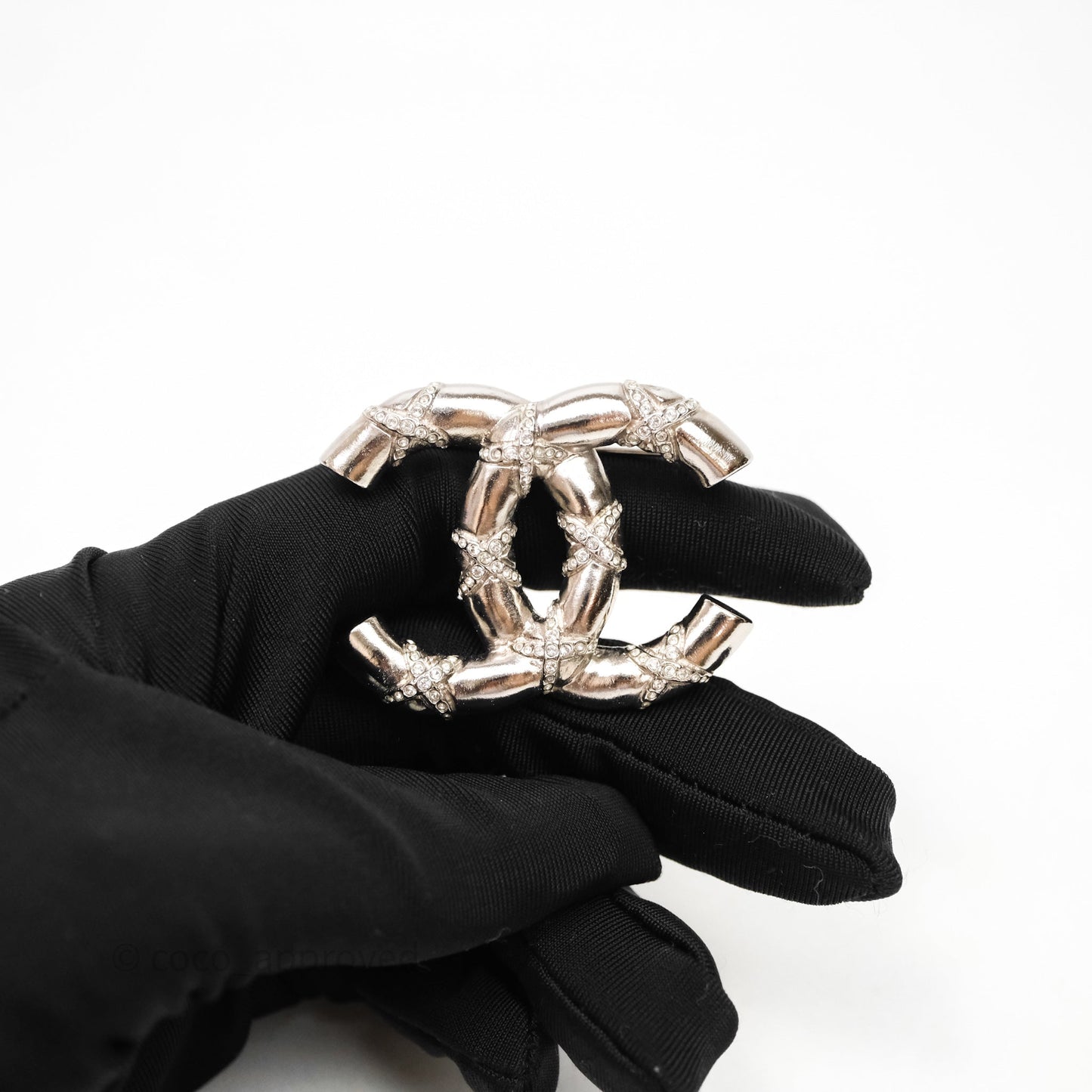 Chanel Crystal CC Logo Brooch Silver Tone 21B