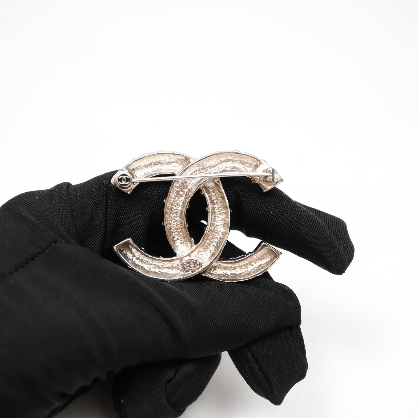 Chanel Crystal CC Logo Brooch Silver Tone 21B