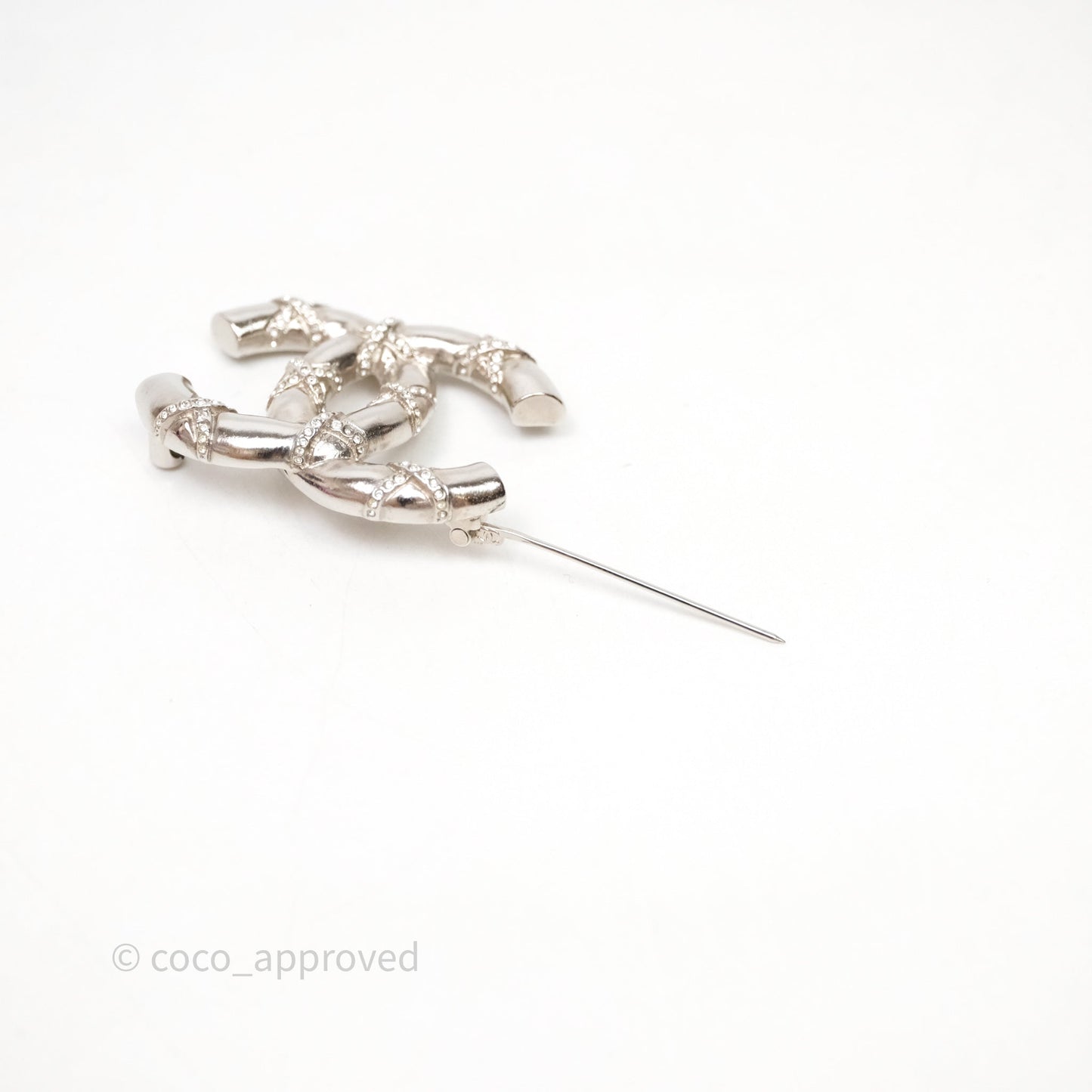 Chanel Crystal CC Logo Brooch Silver Tone 21B