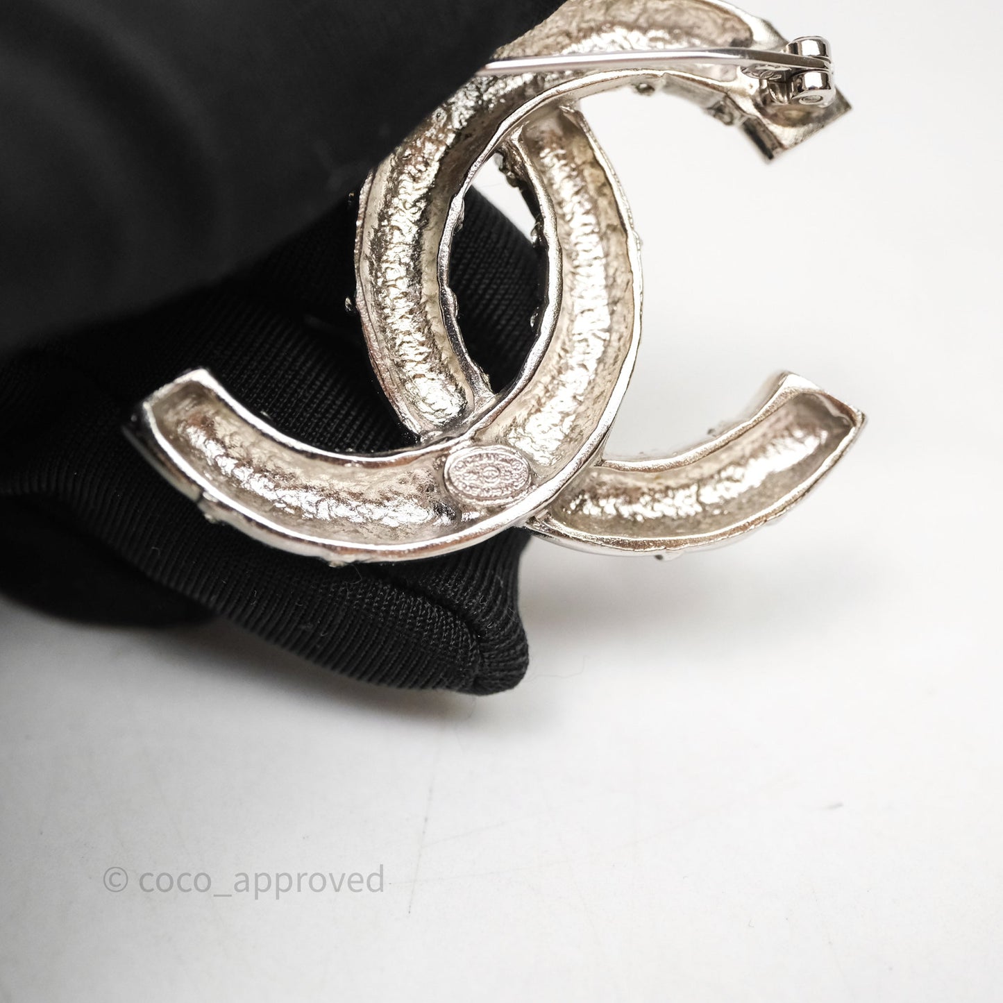 Chanel Crystal CC Logo Brooch Silver Tone 21B