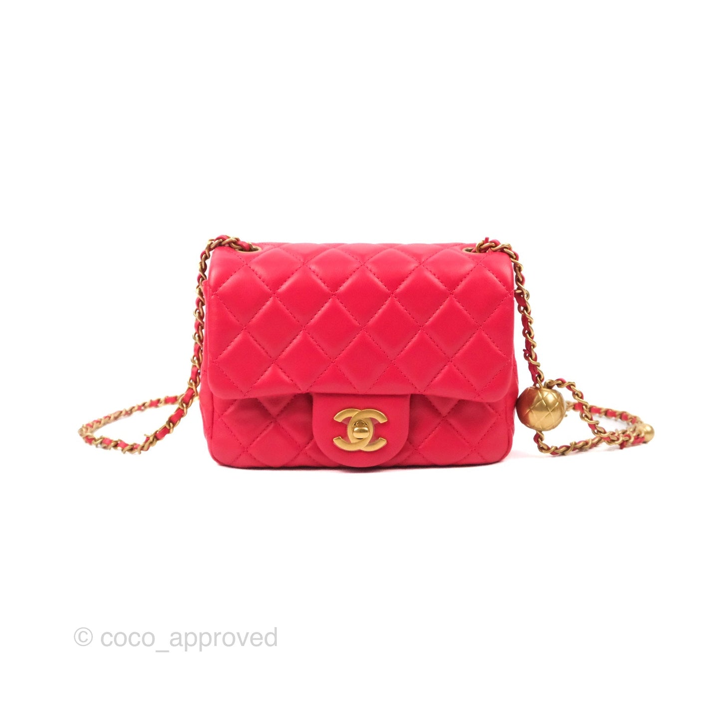 Chanel Mini Square Pearl Crush Quilted Red Lambskin Aged Gold Hardware