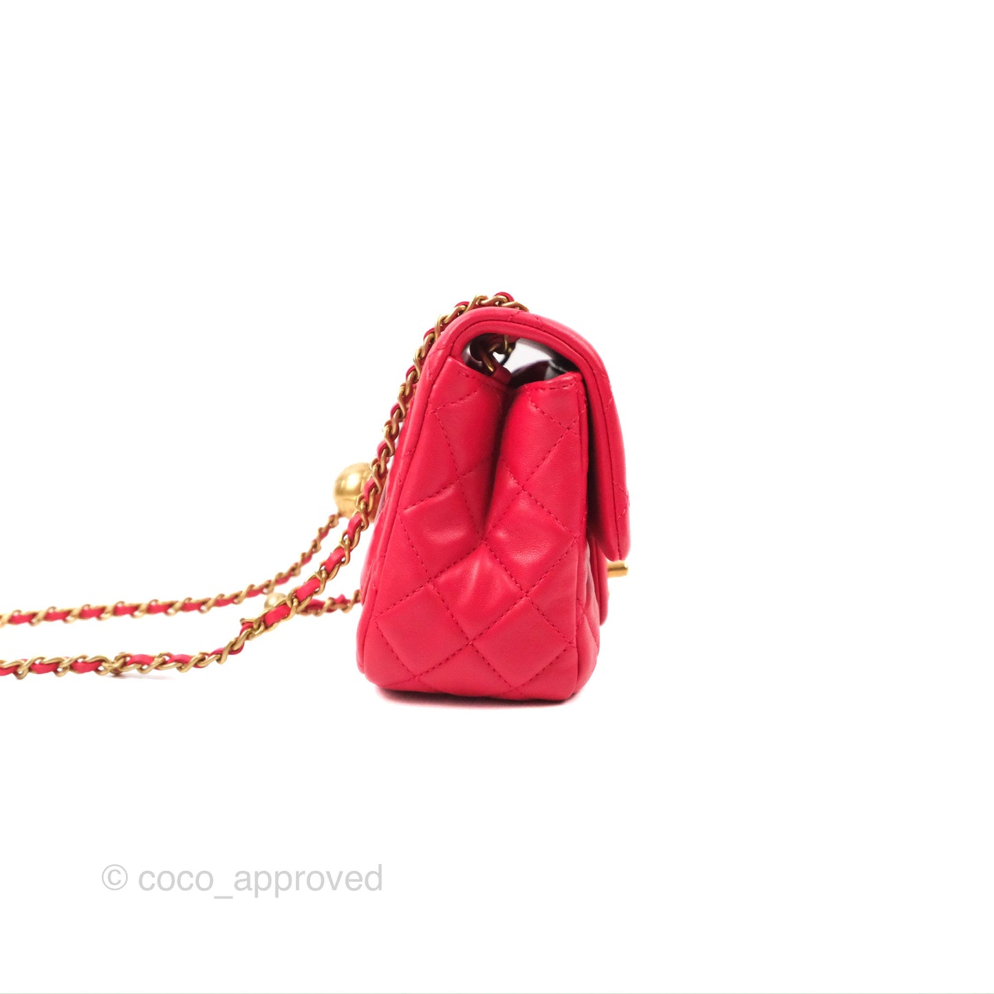 Chanel Mini Square Pearl Crush Quilted Red Lambskin Aged Gold Hardware