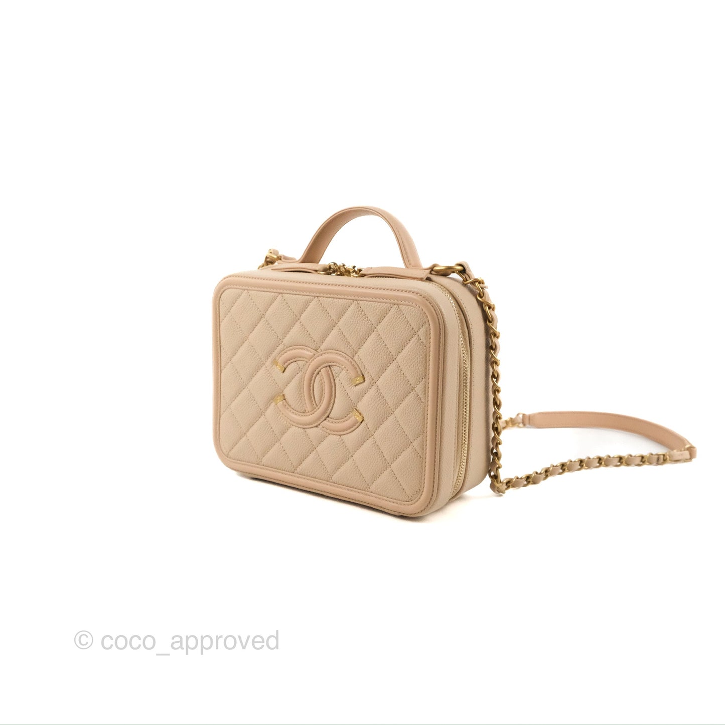 Chanel Quilted Medium CC Filigree Vanity Case Light Beige Caviar Gold Hardware