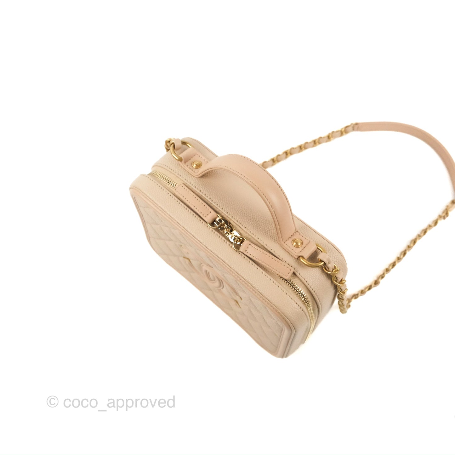 Chanel Quilted Medium CC Filigree Vanity Case Light Beige Caviar Gold Hardware