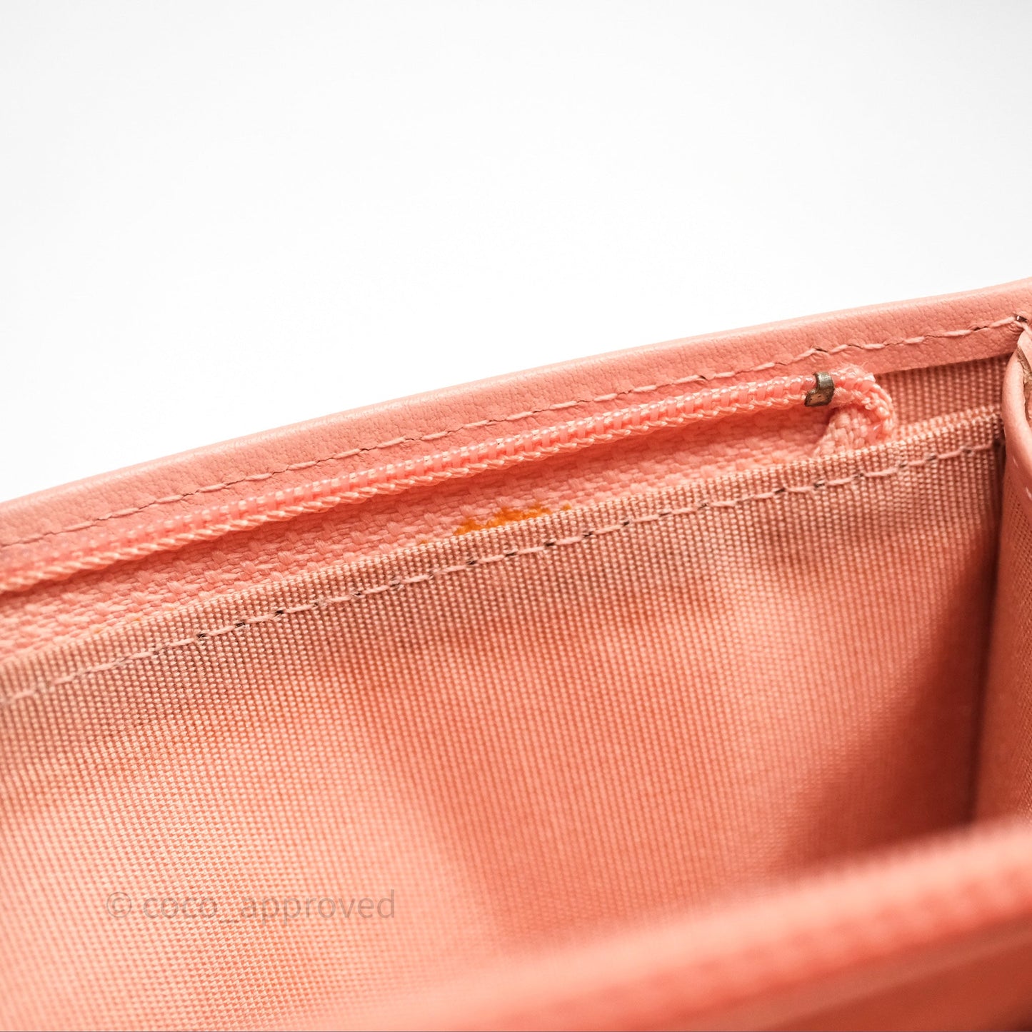 Chanel Boy Quilted Long Wallet Peach Caviar Aged Gold Hardware