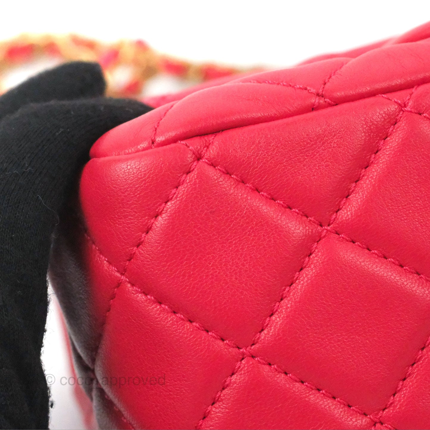 Chanel Mini Square Pearl Crush Quilted Red Lambskin Aged Gold Hardware