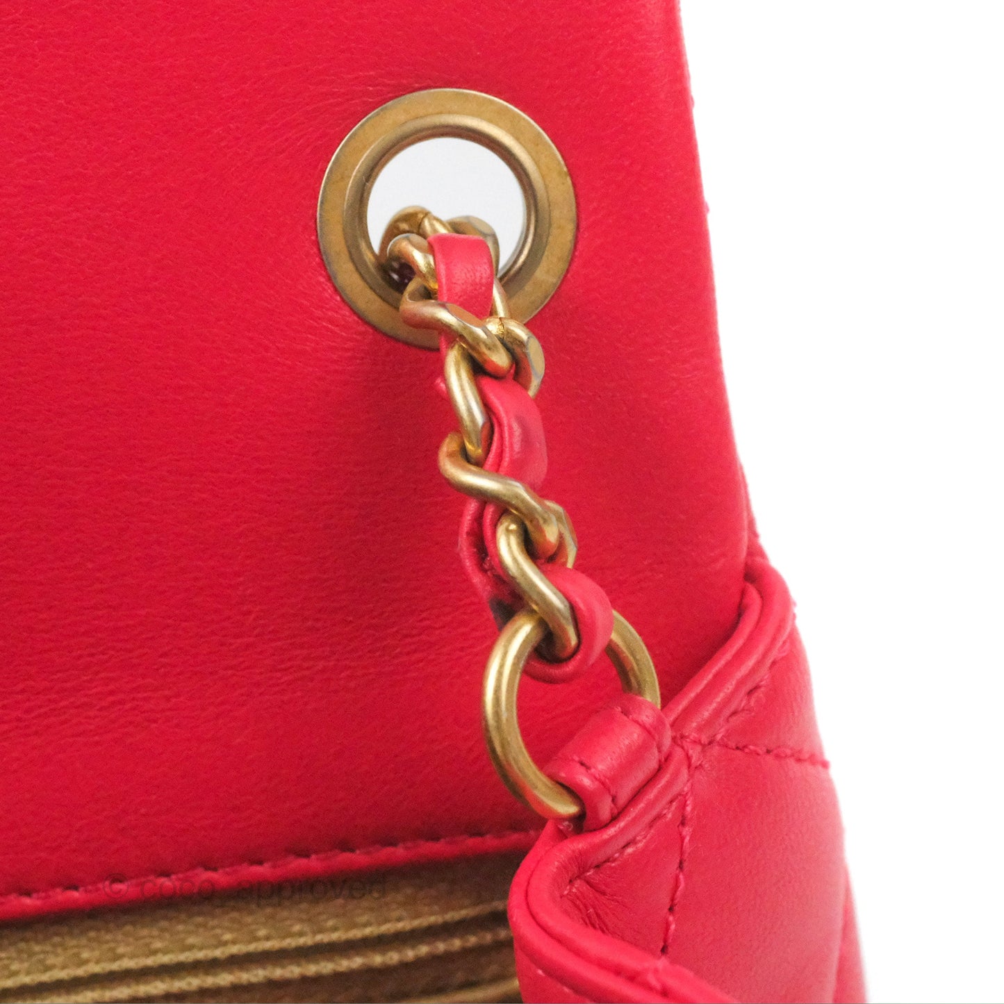 Chanel Mini Square Pearl Crush Quilted Red Lambskin Aged Gold Hardware