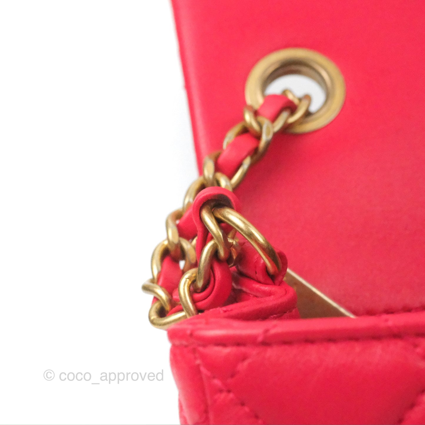Chanel Mini Square Pearl Crush Quilted Red Lambskin Aged Gold Hardware