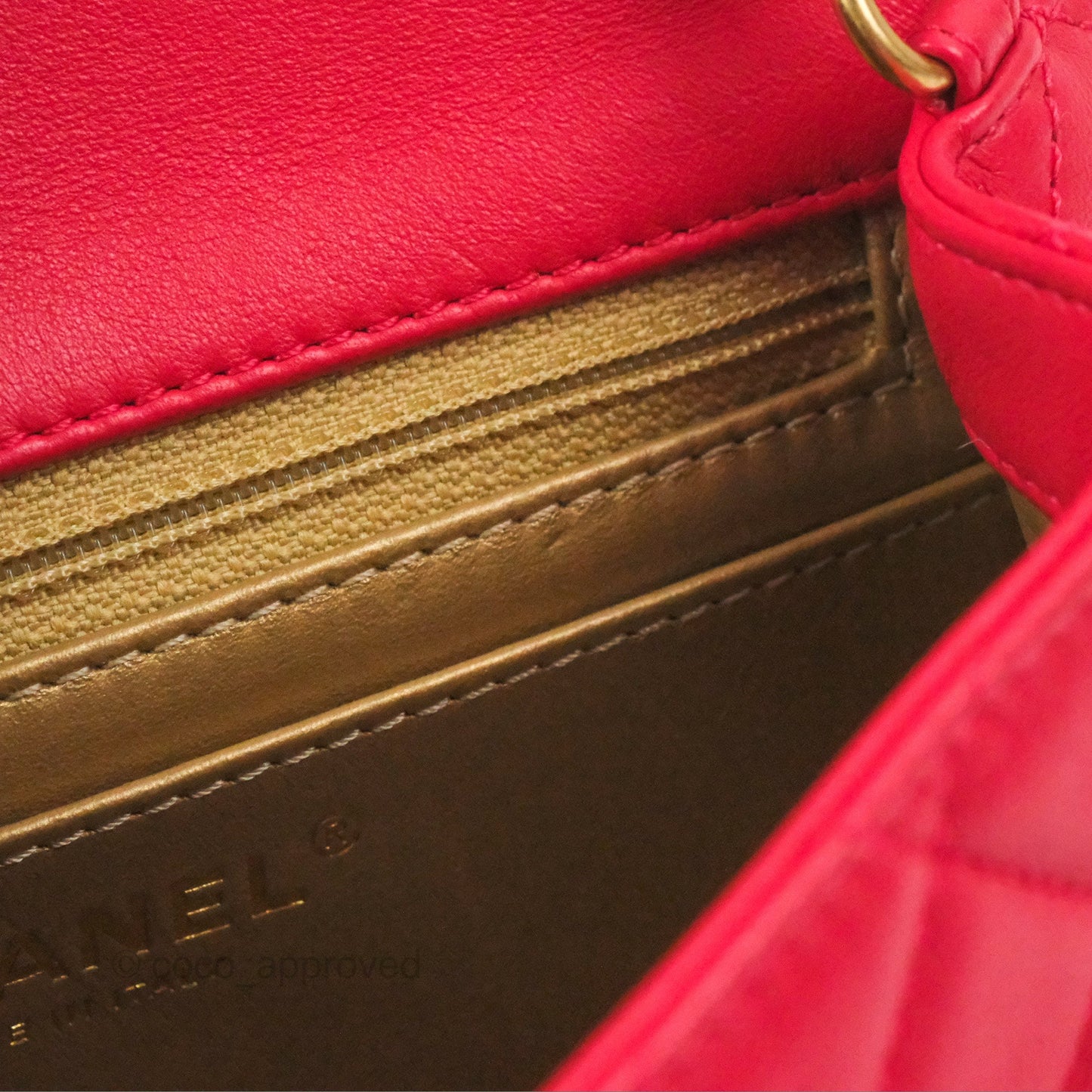 Chanel Mini Square Pearl Crush Quilted Red Lambskin Aged Gold Hardware