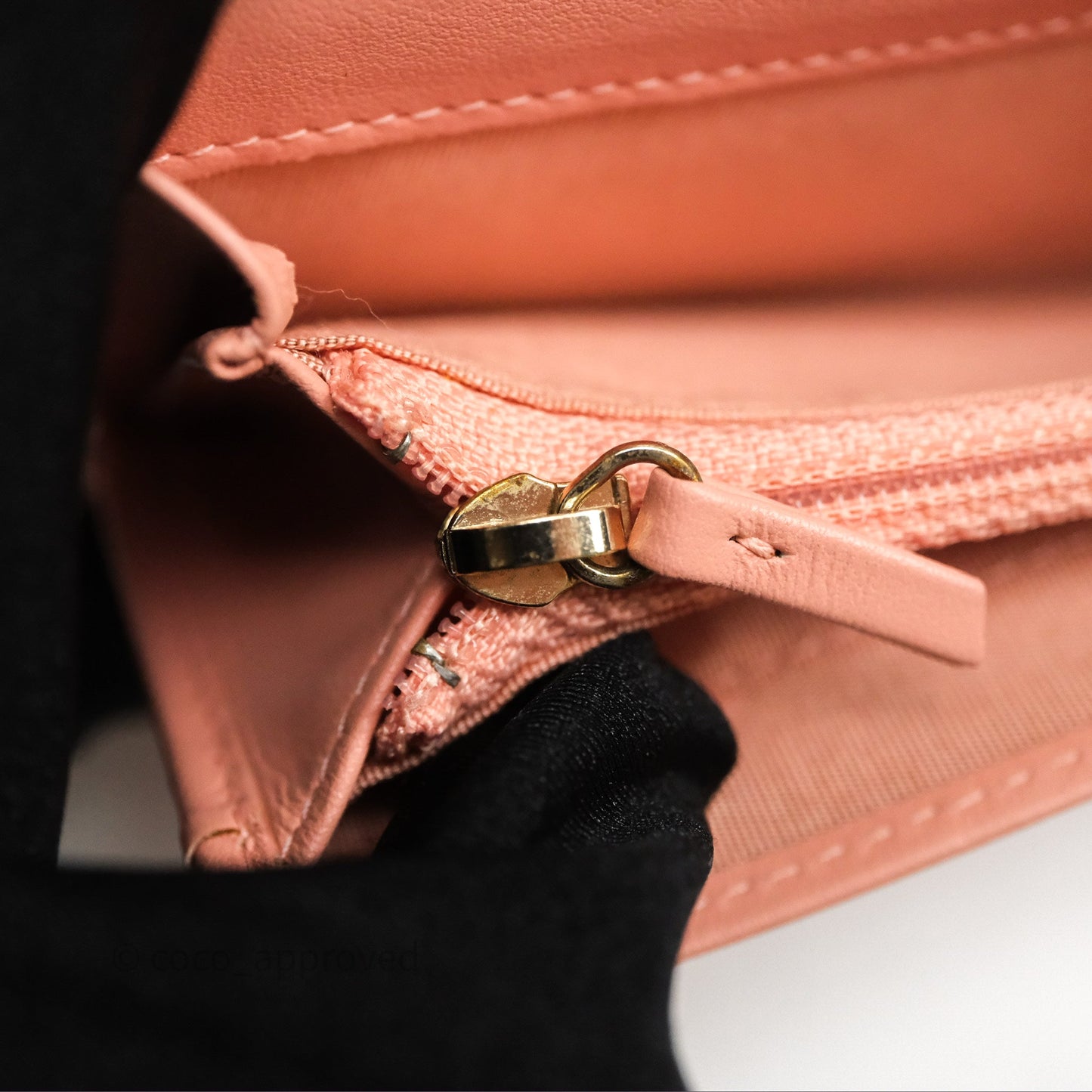 Chanel Boy Quilted Long Wallet Peach Caviar Aged Gold Hardware