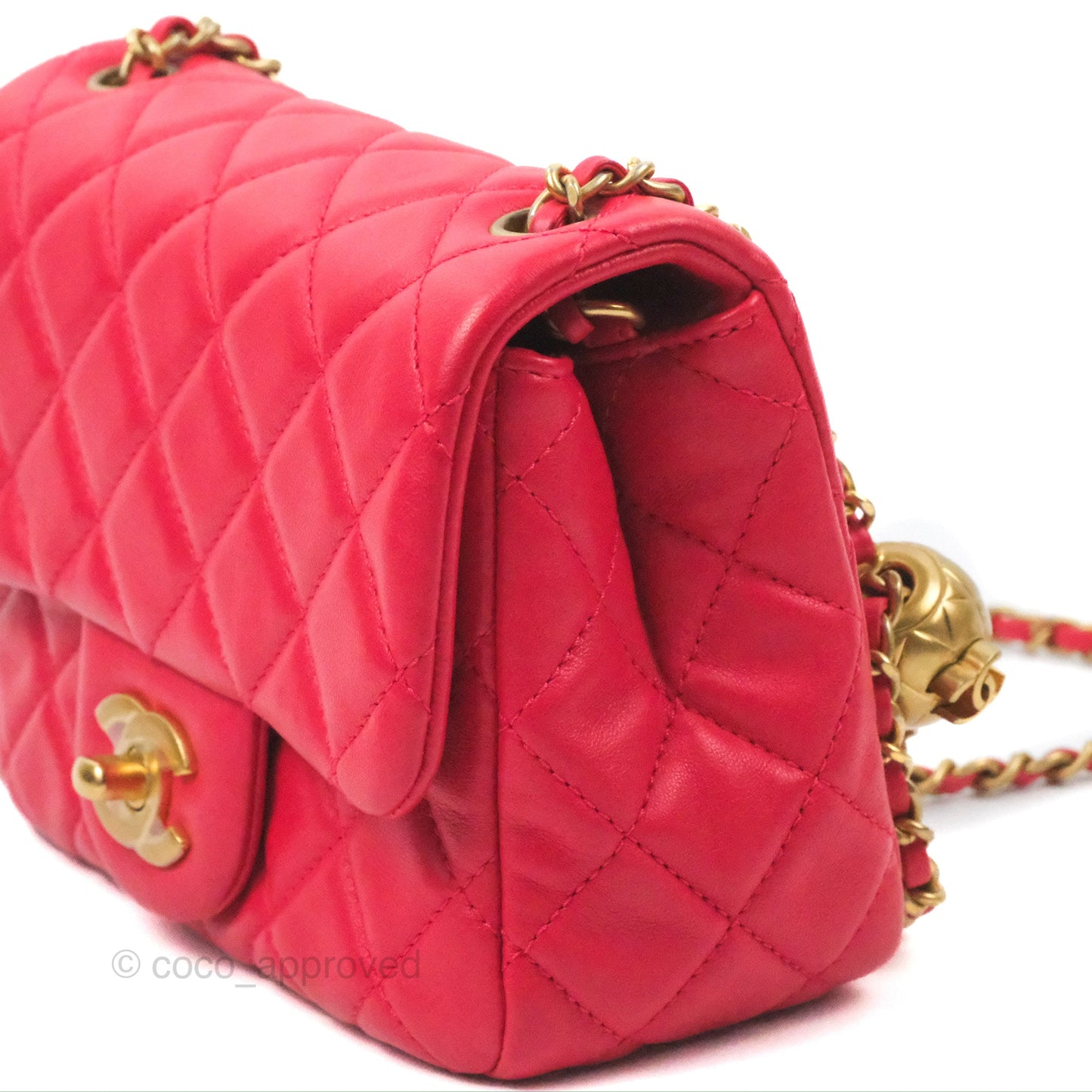 Chanel Mini Square Pearl Crush Quilted Red Lambskin Aged Gold Hardware