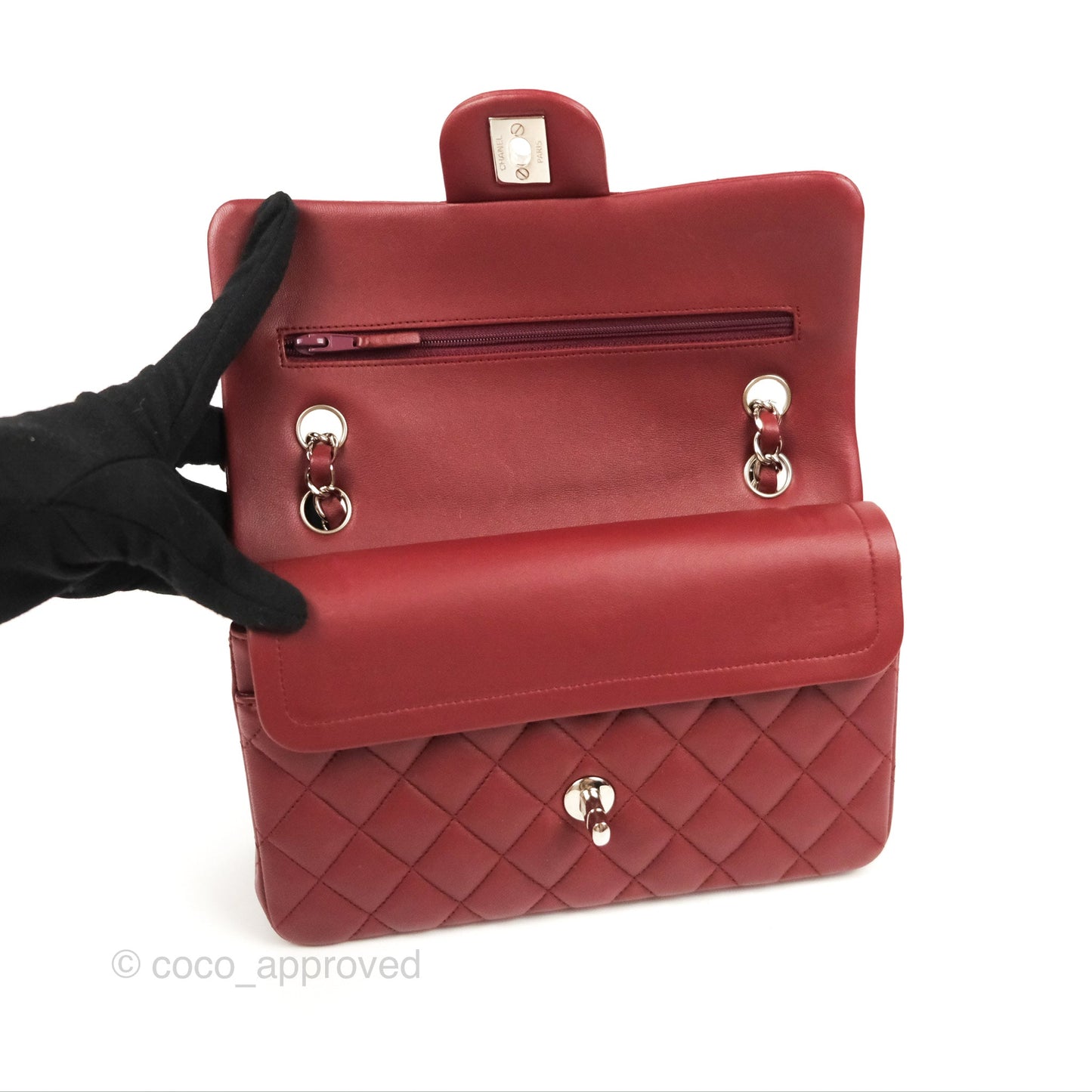Chanel Small S/M Classic Flap Dark Red Lambskin Silver Hardware