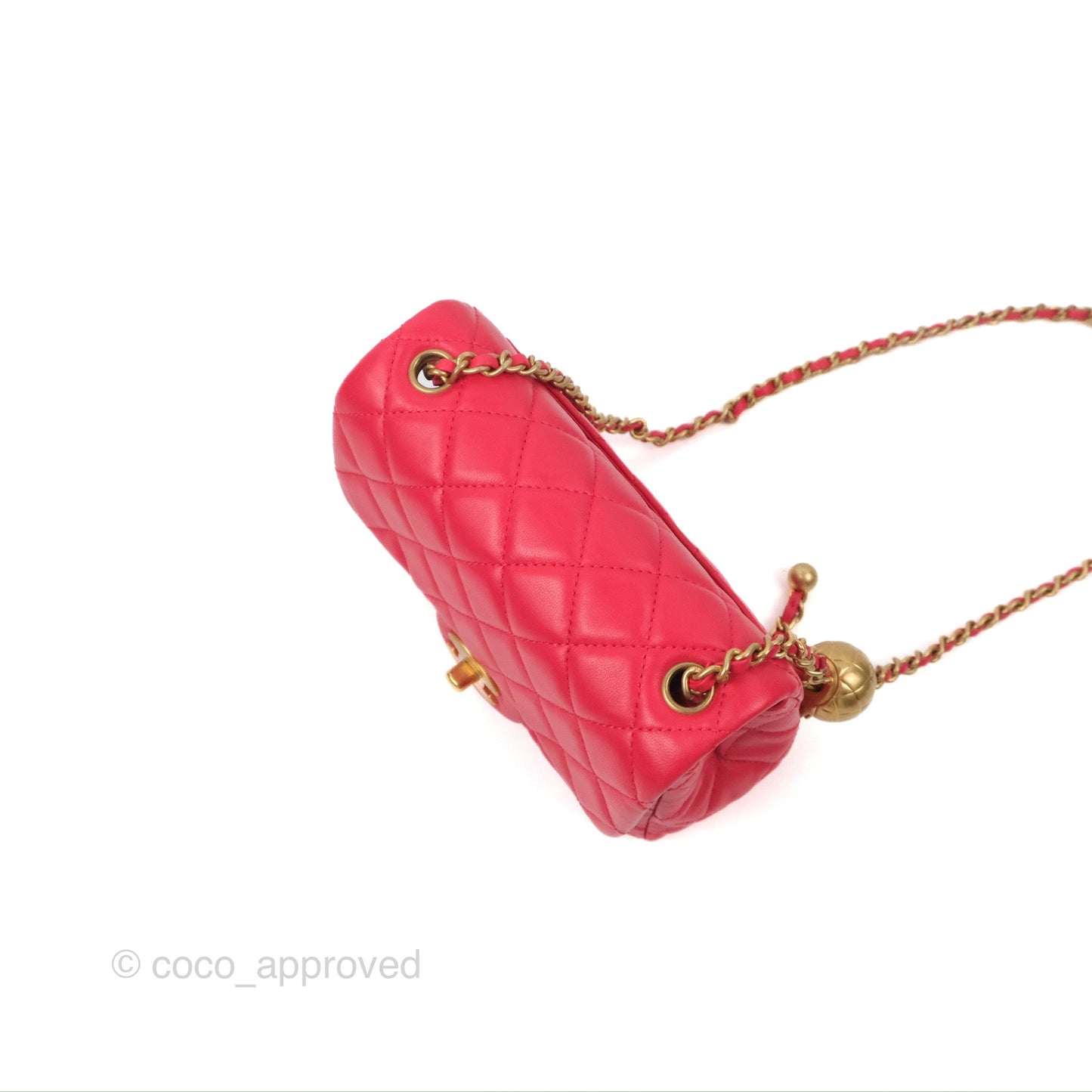Chanel Mini Square Pearl Crush Quilted Red Lambskin Aged Gold Hardware