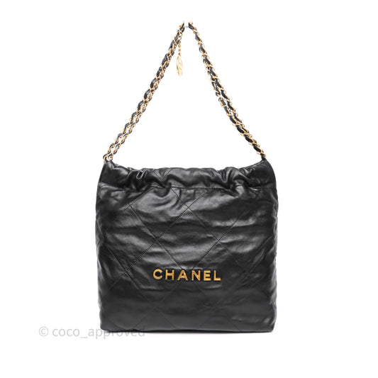 Chanel 22 Small Black Shiny Calfskin Aged Gold Hardware