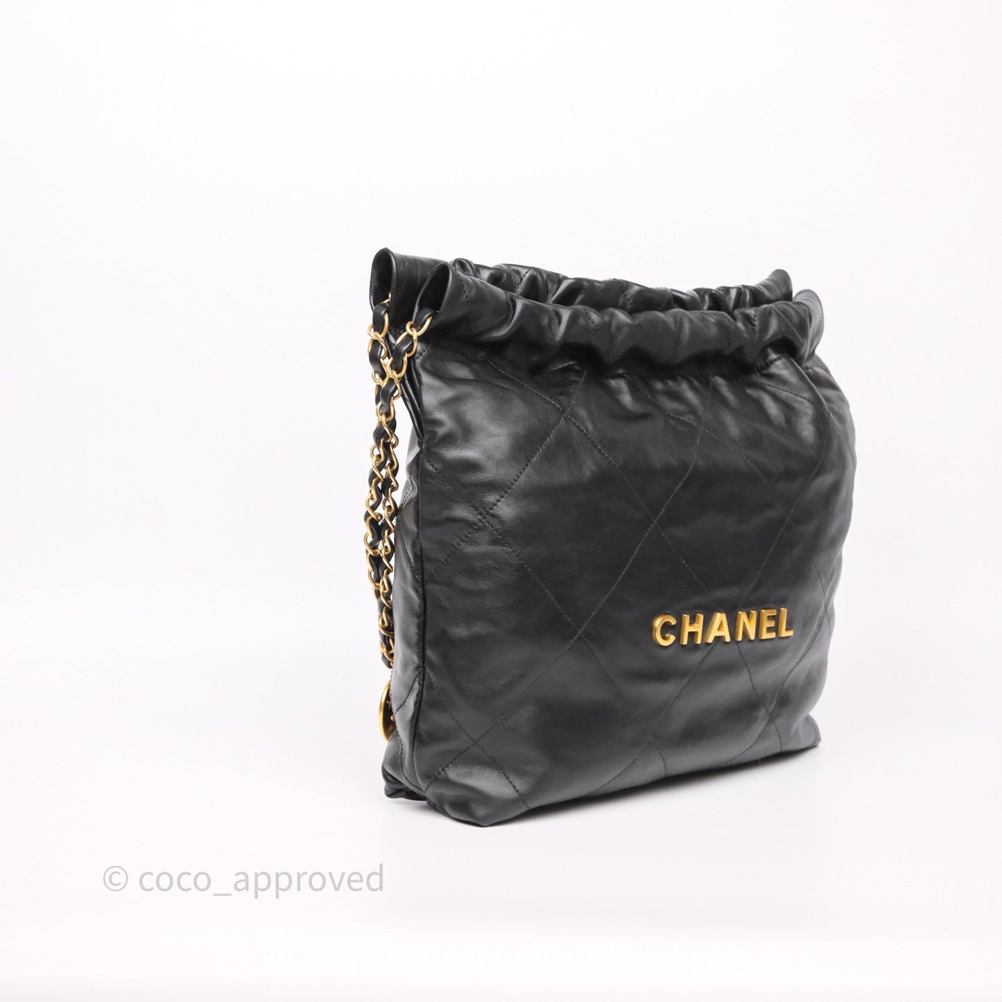 Chanel 22 Small Black Shiny Calfskin Aged Gold Hardware