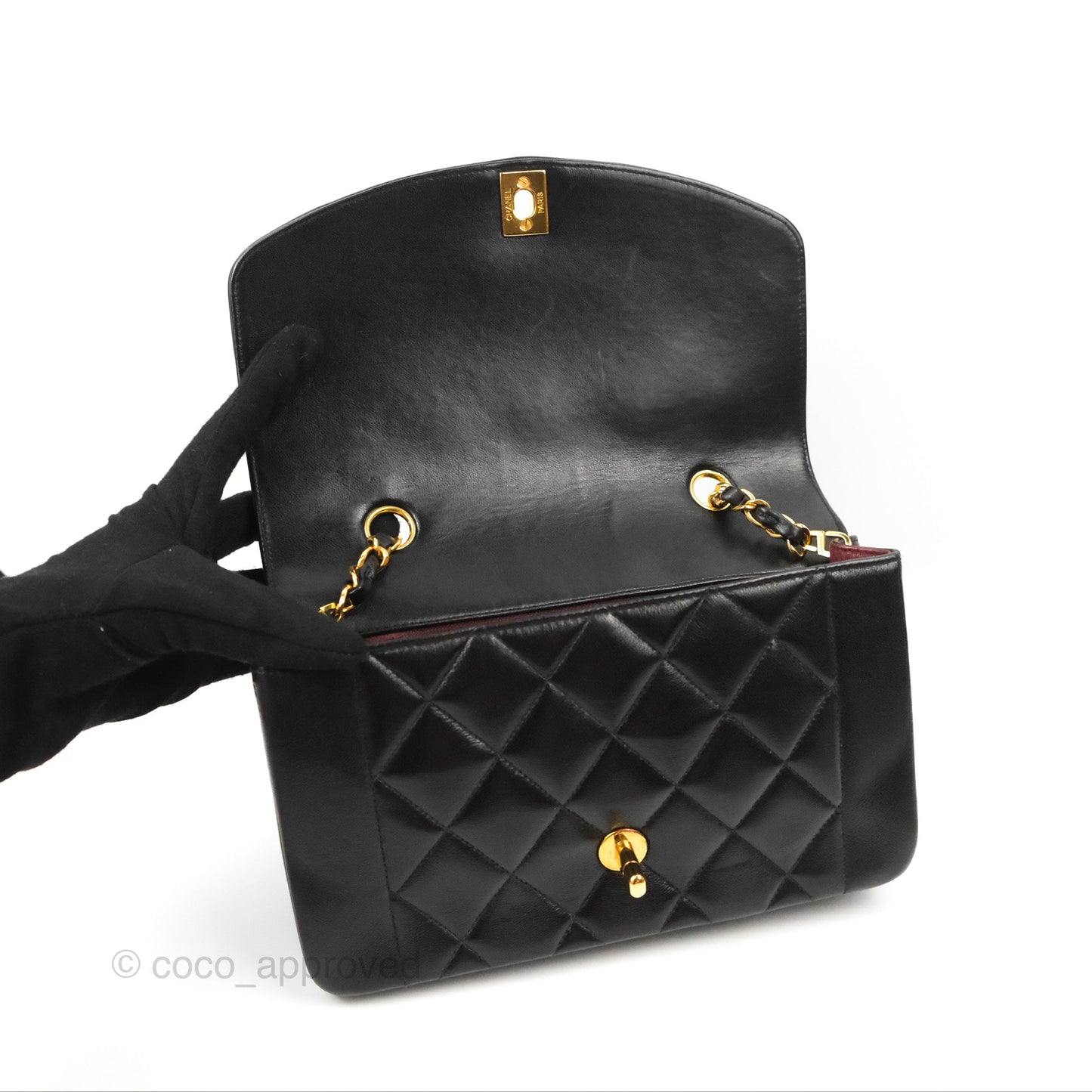 Chanel Vintage Small Quilted Classic Diana Flap Bag Black Lambskin 24K Gold Hardware