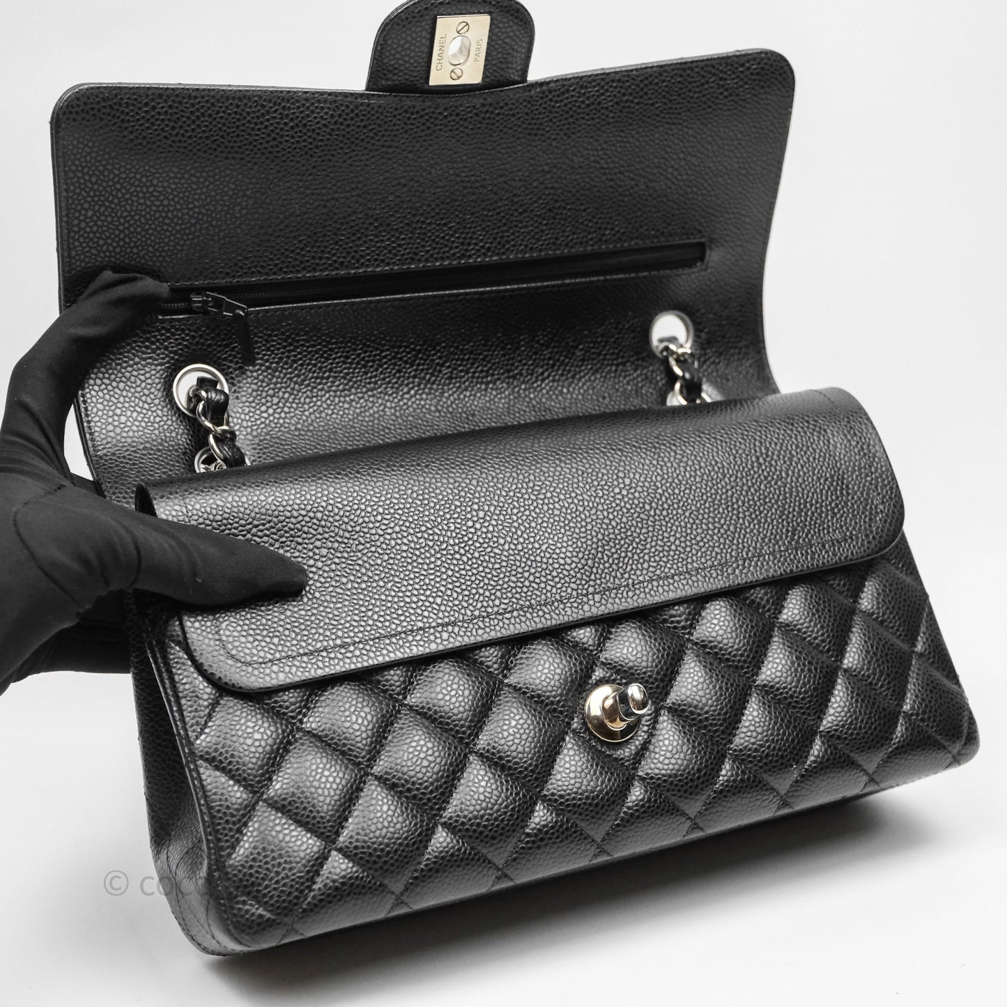 Chanel Classic M/L Medium Flap Quilted Black Caviar Silver Hardware