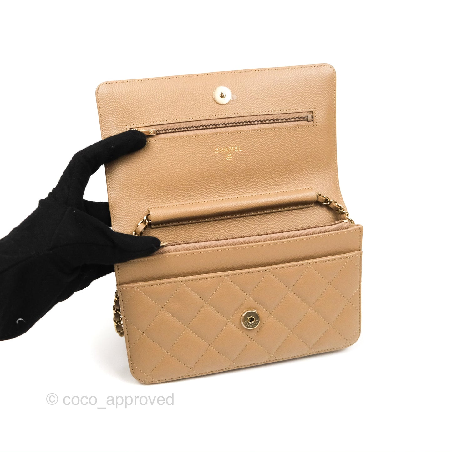 Chanel Quilted Classic Wallet on Chain WOC Dark Beige Caviar Gold Hardware