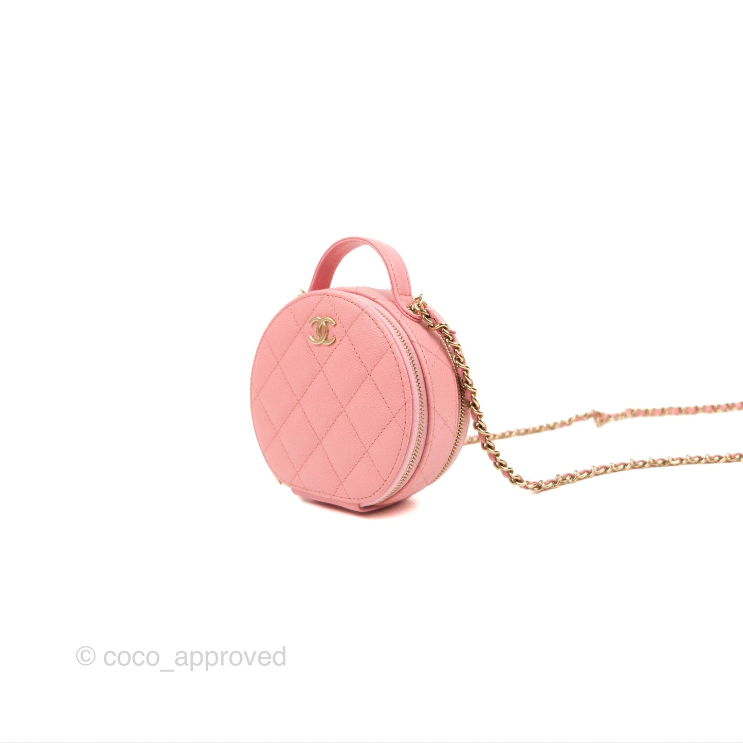 Chanel Mini Round Vanity Bag Handle With Care Pink Caviar 22C
