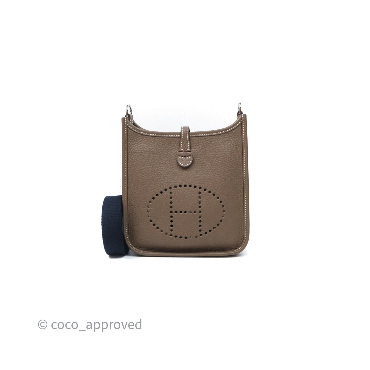 Hermès Mini Evelyne 16 Etoupe 18 Clemence Palladium Hardware with Bleu Indigo Strap