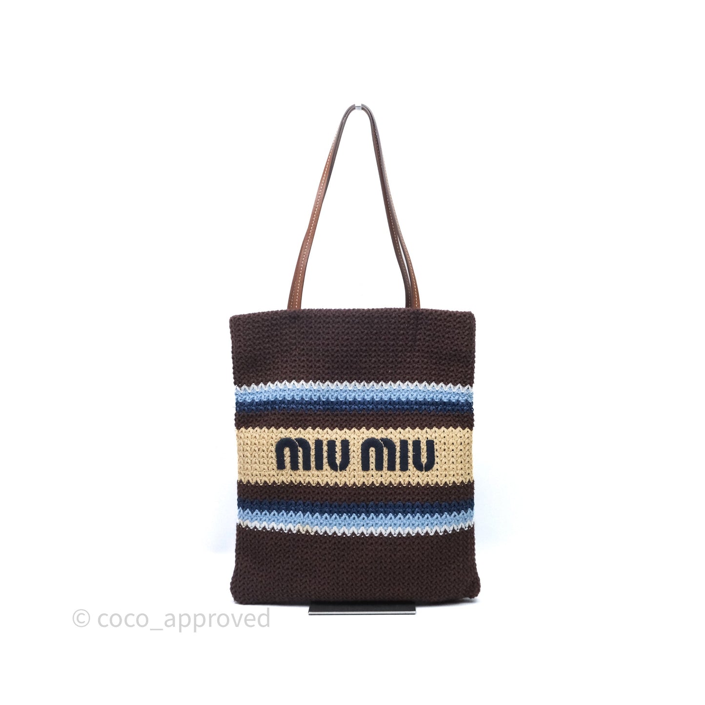Miu Miu Raffia-Effect Woven Crochet Tote Bag Brown