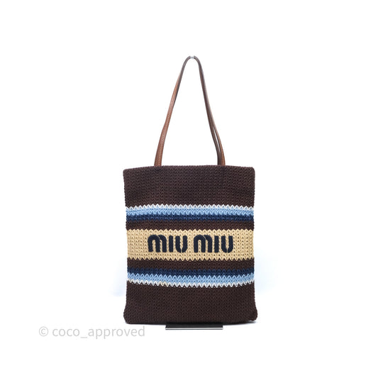 Miu Miu Raffia-Effect Woven Crochet Tote Bag Brown