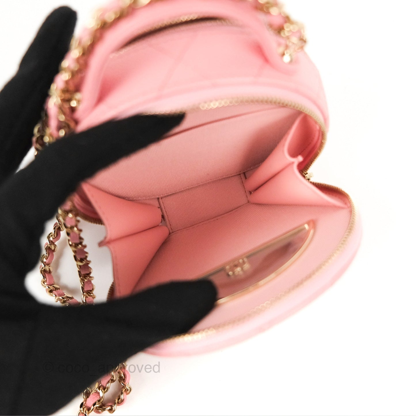 Chanel Mini Round Vanity Bag Handle With Care Pink Caviar 22C