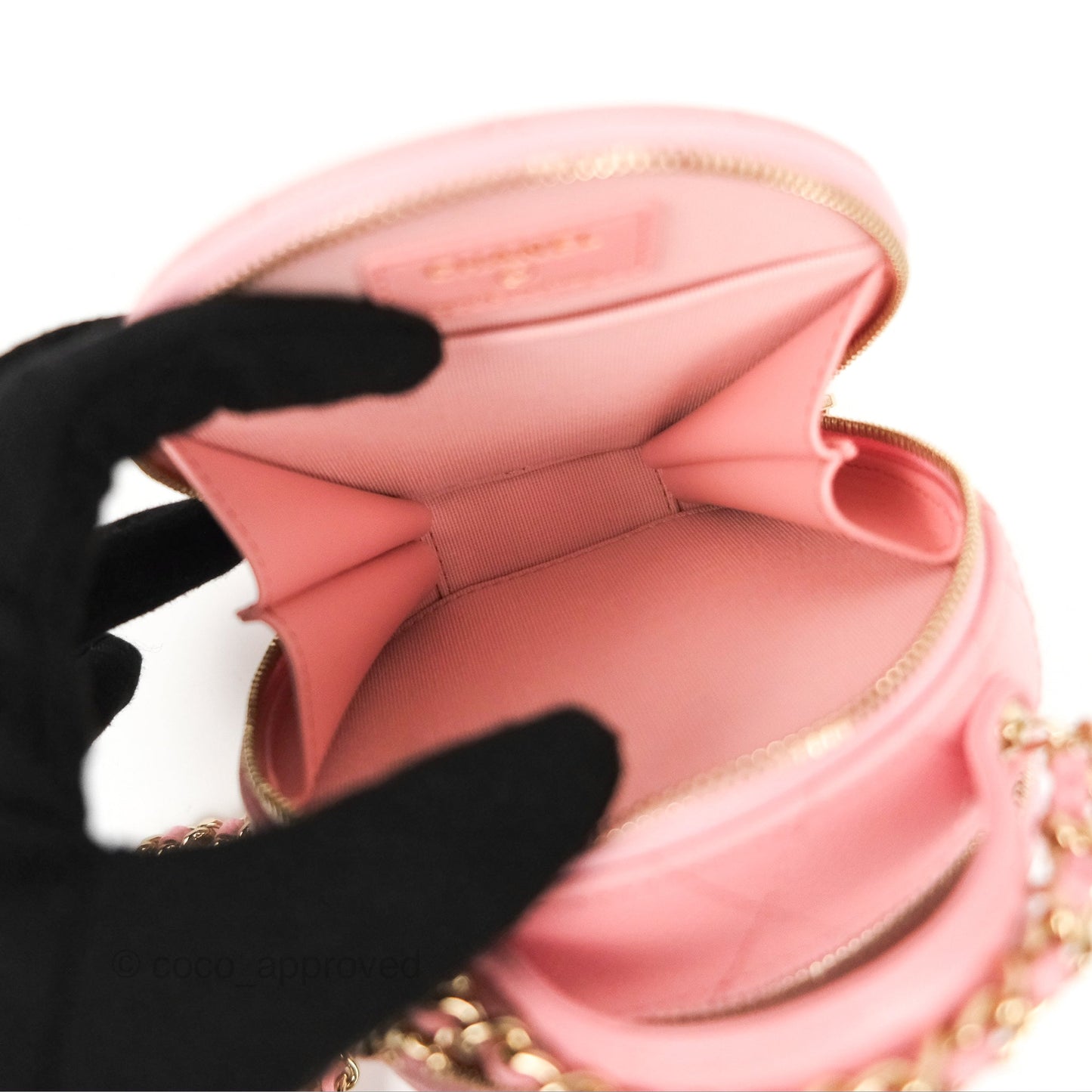 Chanel Mini Round Vanity Bag Handle With Care Pink Caviar 22C