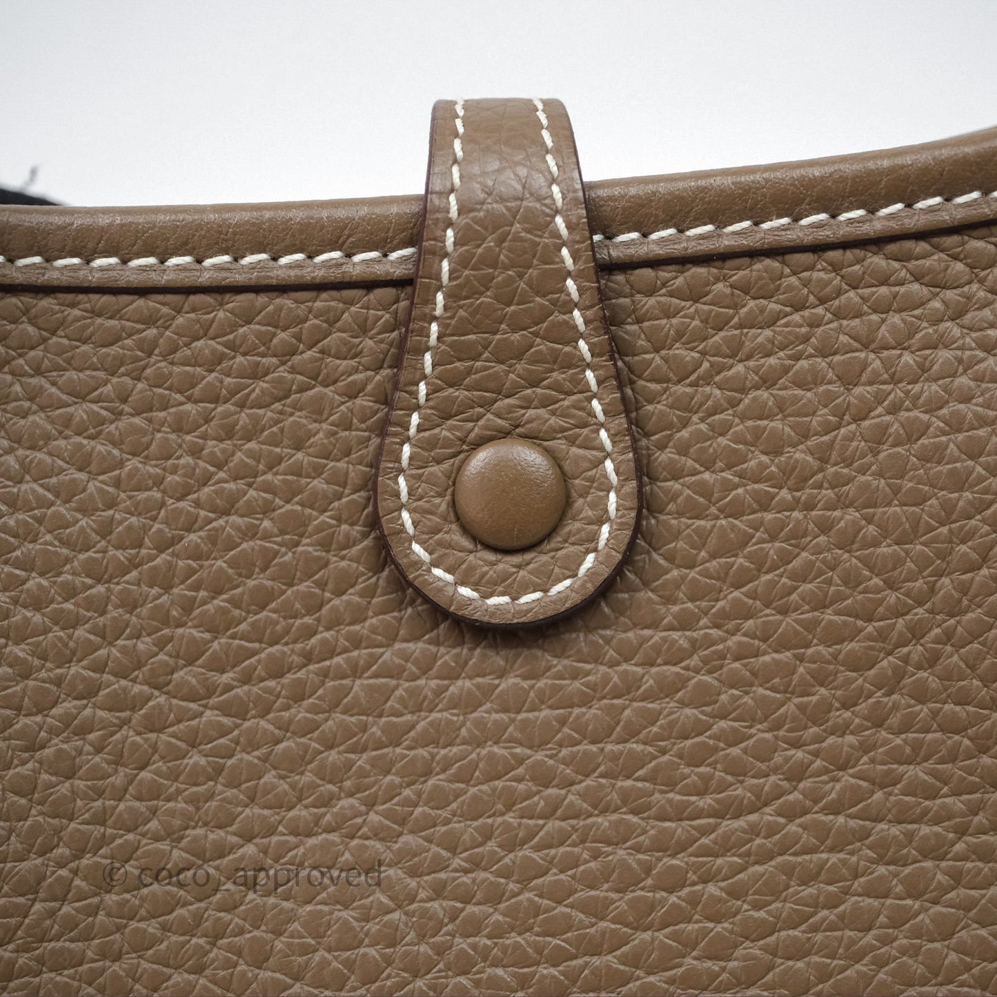 Hermès Mini Evelyne 16 Etoupe 18 Clemence Palladium Hardware with Bleu Indigo Strap