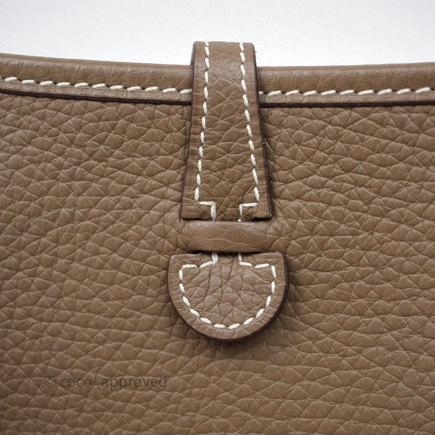 Hermès Mini Evelyne 16 Etoupe 18 Clemence Palladium Hardware with Bleu Indigo Strap