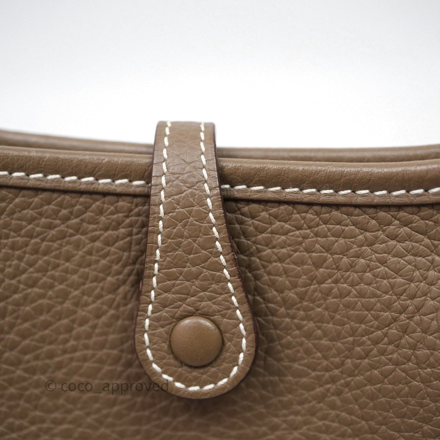 Hermès Mini Evelyne 16 Etoupe 18 Clemence Palladium Hardware with Bleu Indigo Strap