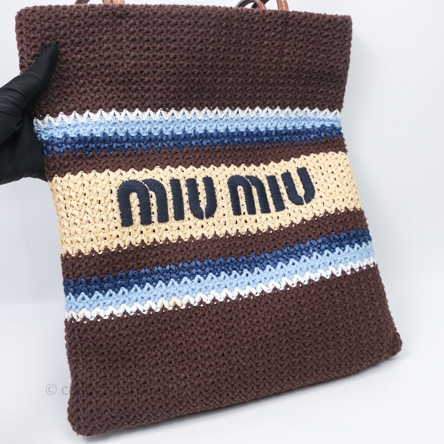 Miu Miu Raffia-Effect Woven Crochet Tote Bag Brown