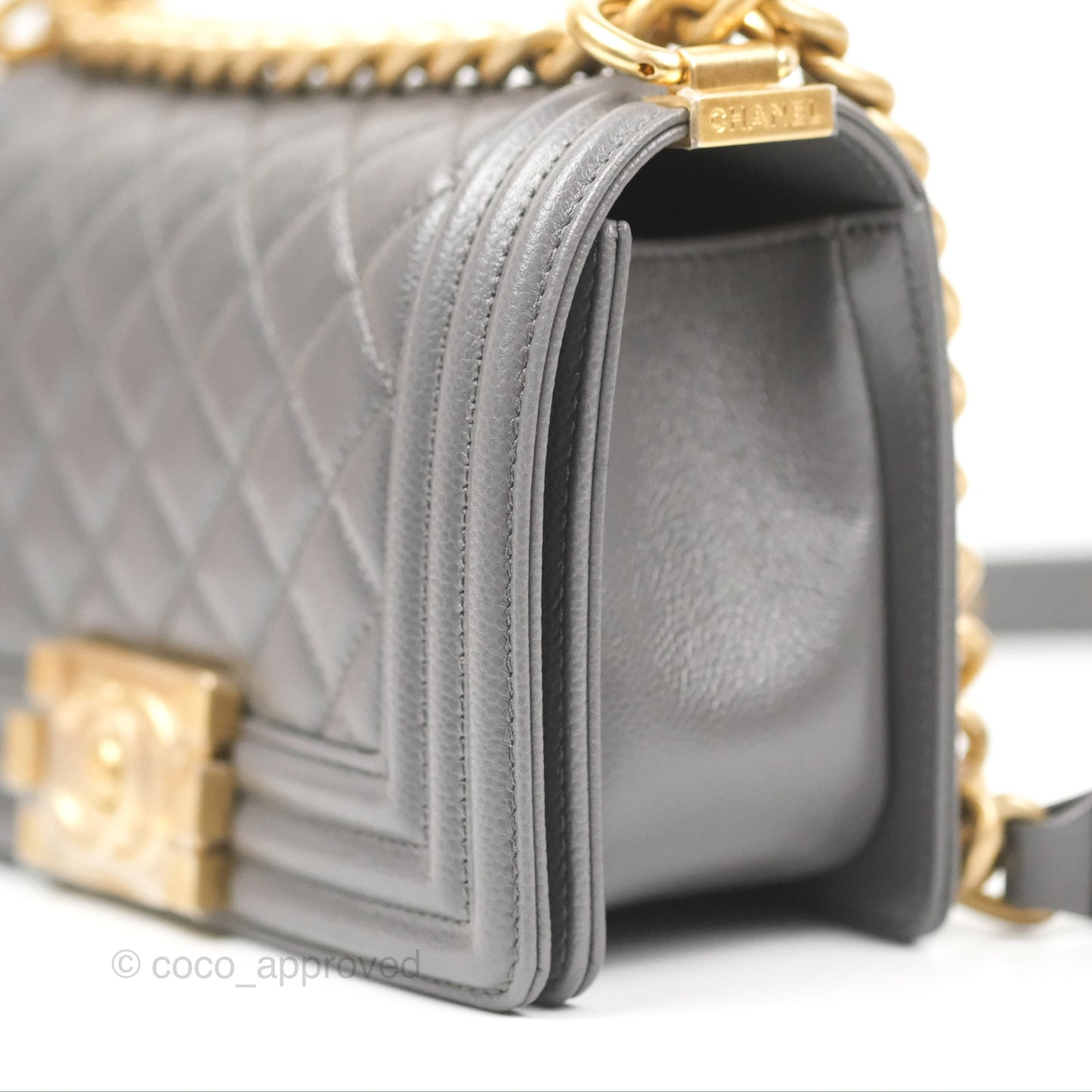 Chanel Small Boy Quilted Dark Grey Caviar Aged Gold Hardware
