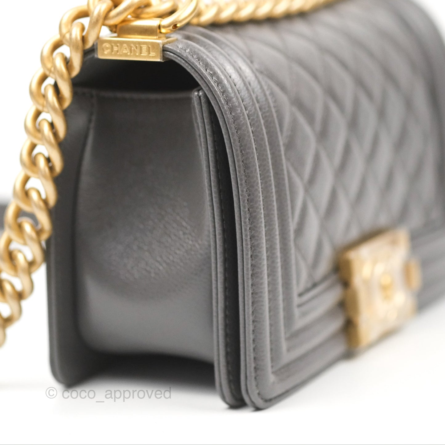 Chanel Small Boy Quilted Dark Grey Caviar Aged Gold Hardware