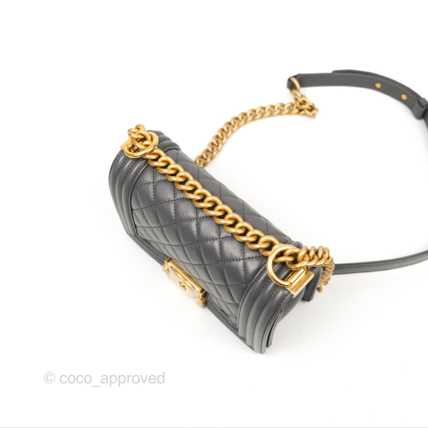 Chanel Small Boy Quilted Dark Grey Caviar Aged Gold Hardware