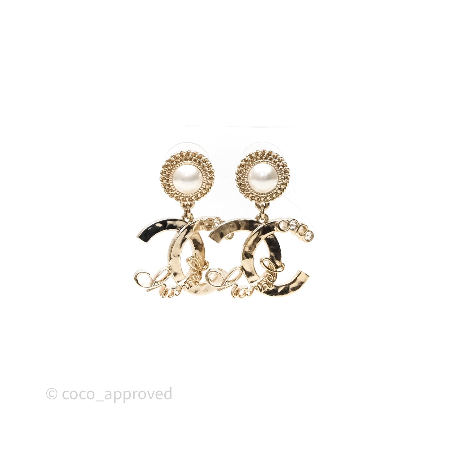 Chanel Round Pearl CC Logo Drop Earrings Gold Tone 22P