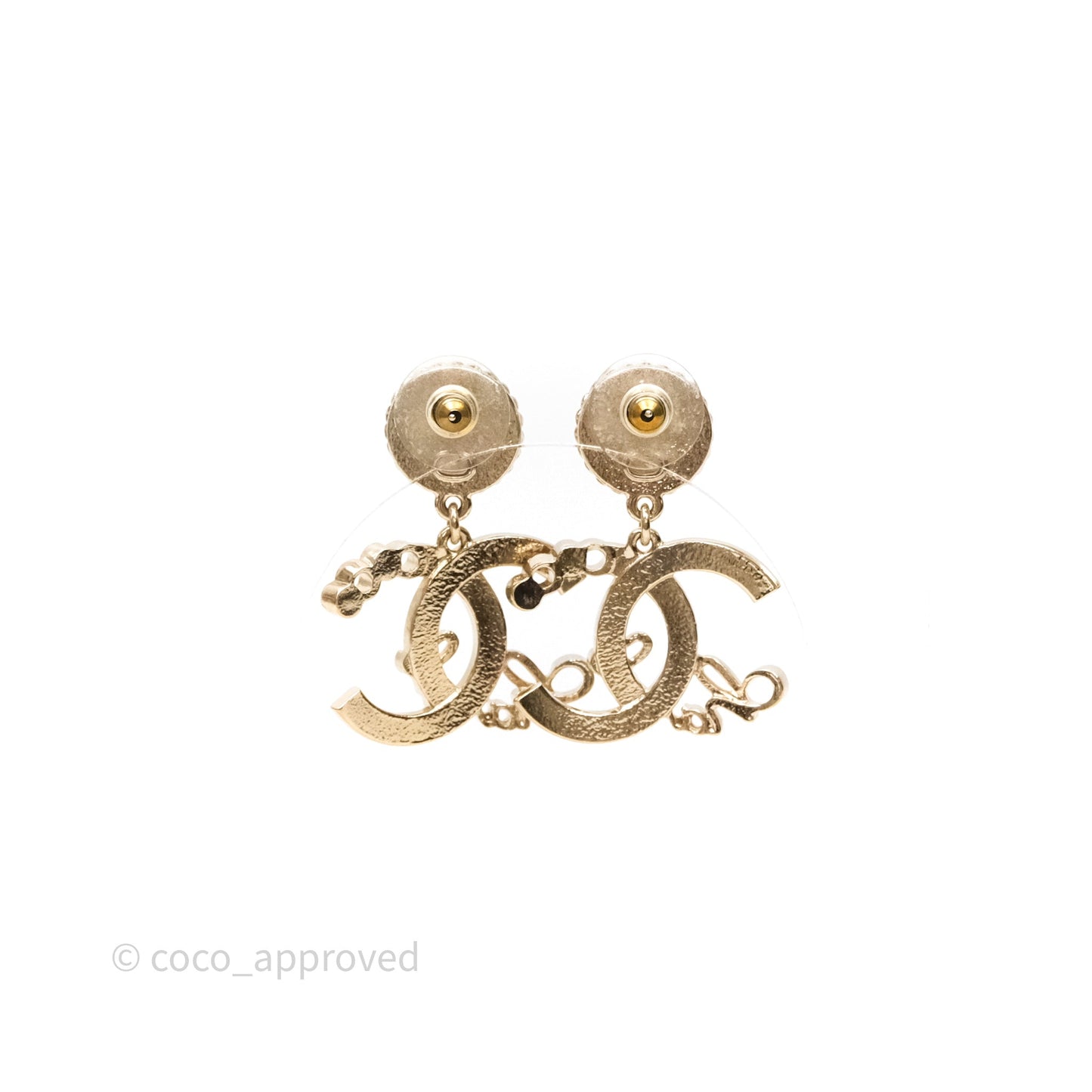Chanel Round Pearl CC Logo Drop Earrings Gold Tone 22P