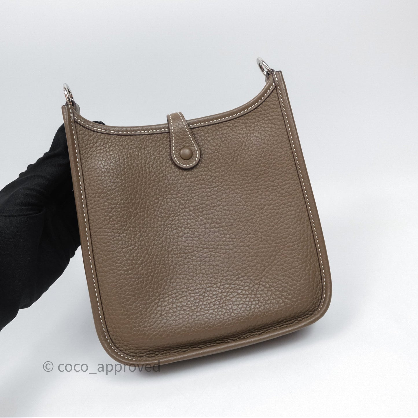 Hermès Mini Evelyne 16 Etoupe 18 Clemence Palladium Hardware with Bleu Indigo Strap