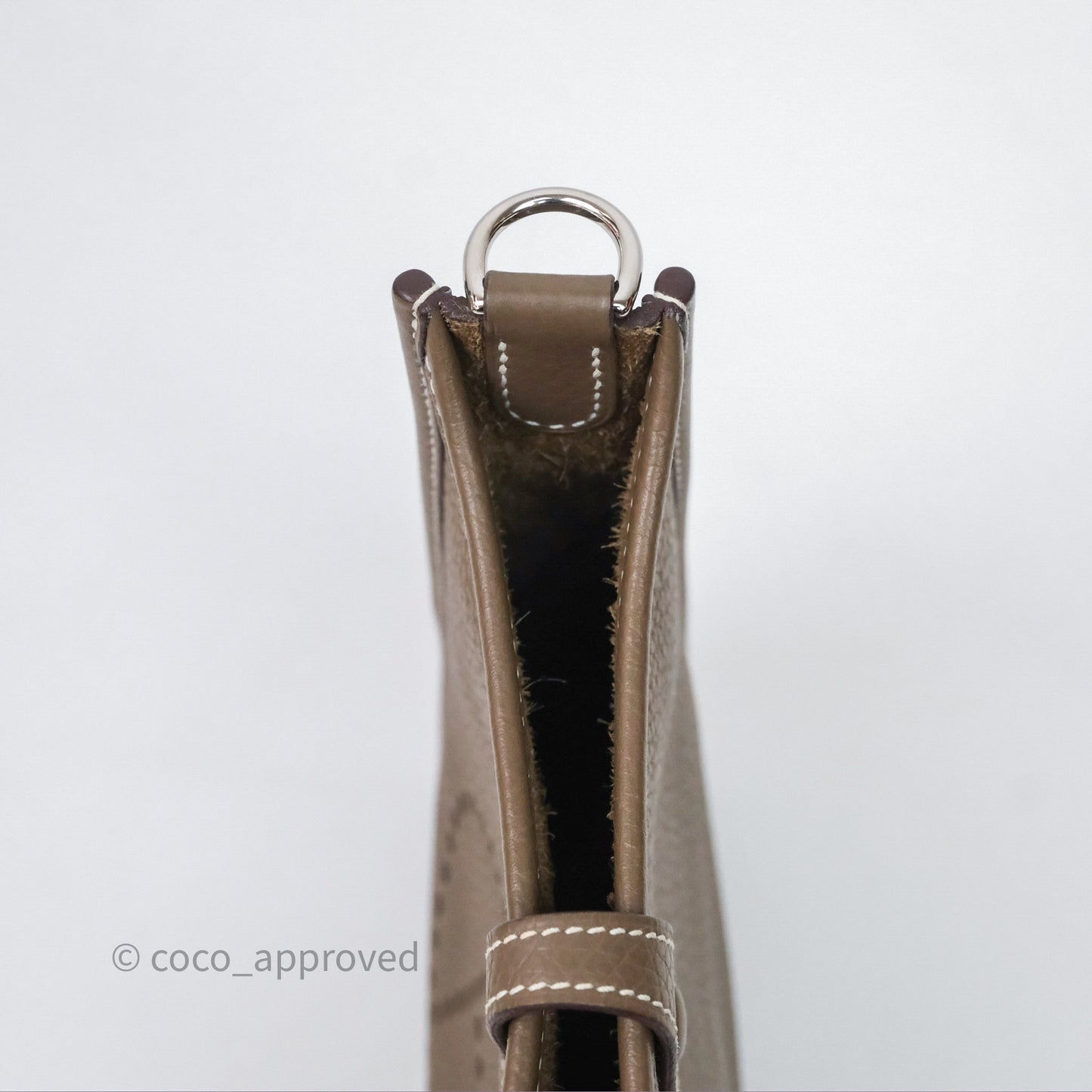 Hermès Mini Evelyne 16 Etoupe 18 Clemence Palladium Hardware with Bleu Indigo Strap