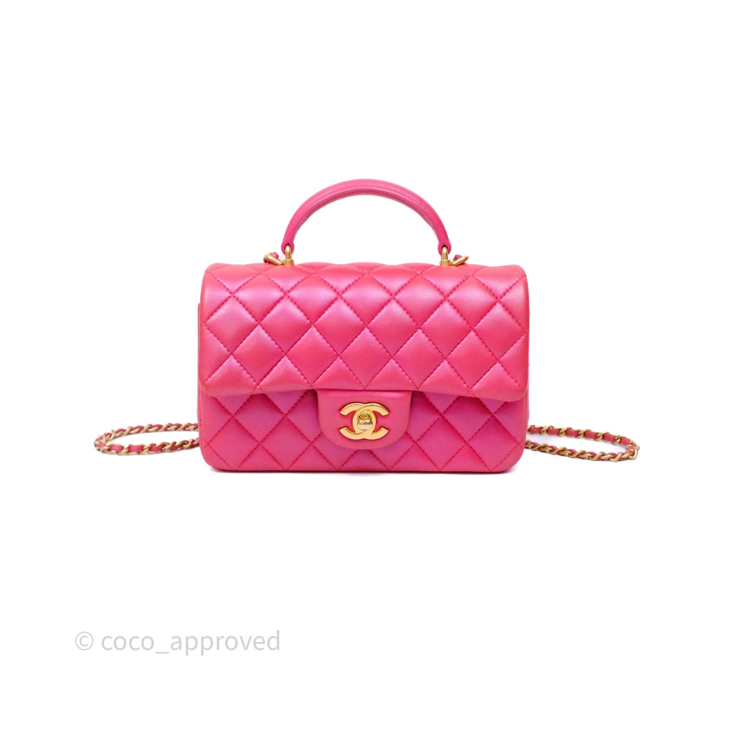 Chanel Top Handle Mini Rectangular Flap Bag Iridescent Dark Pink Lambskin Aged Gold Hardware