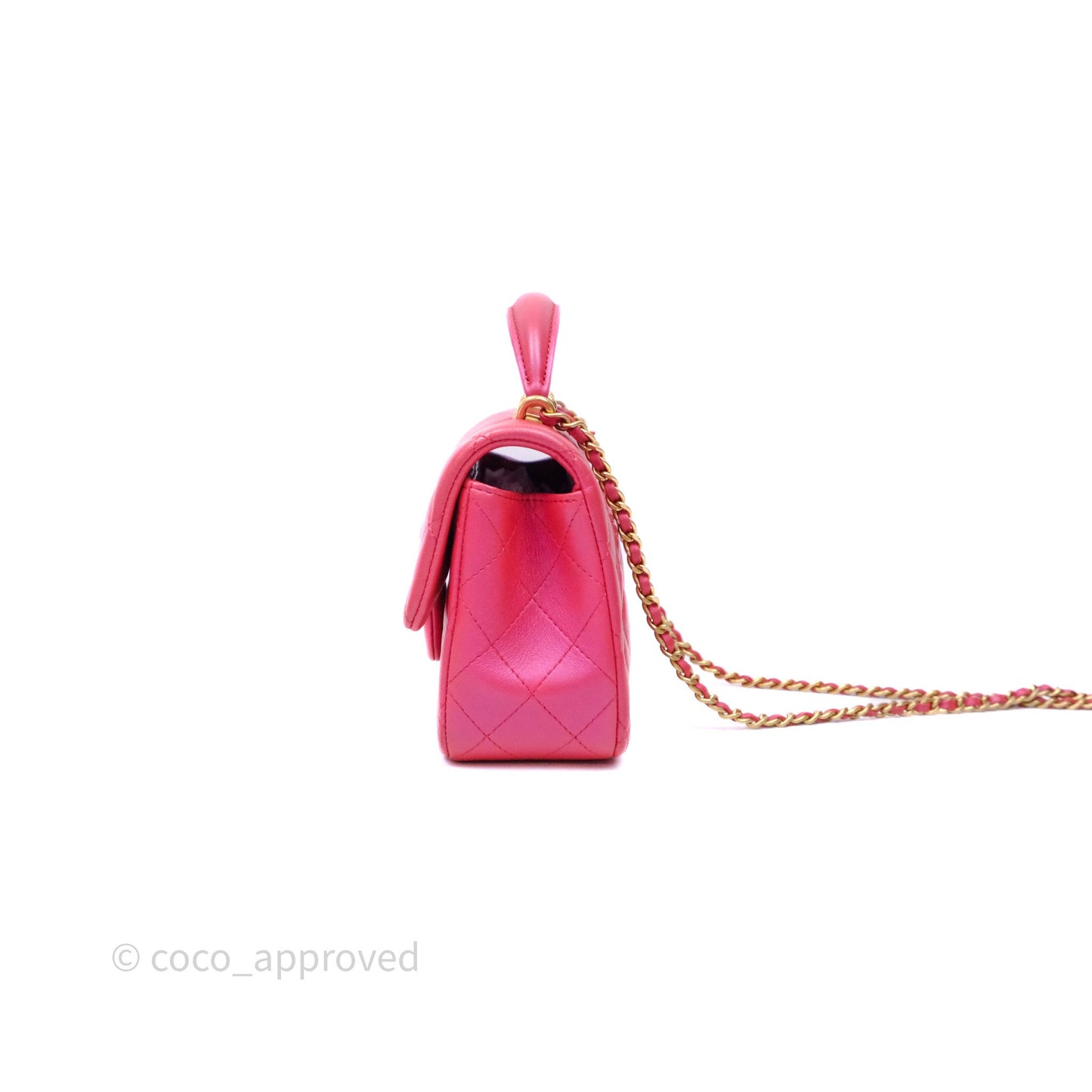 Chanel Top Handle Mini Rectangular Flap Bag Iridescent Dark Pink Lambskin Aged Gold Hardware