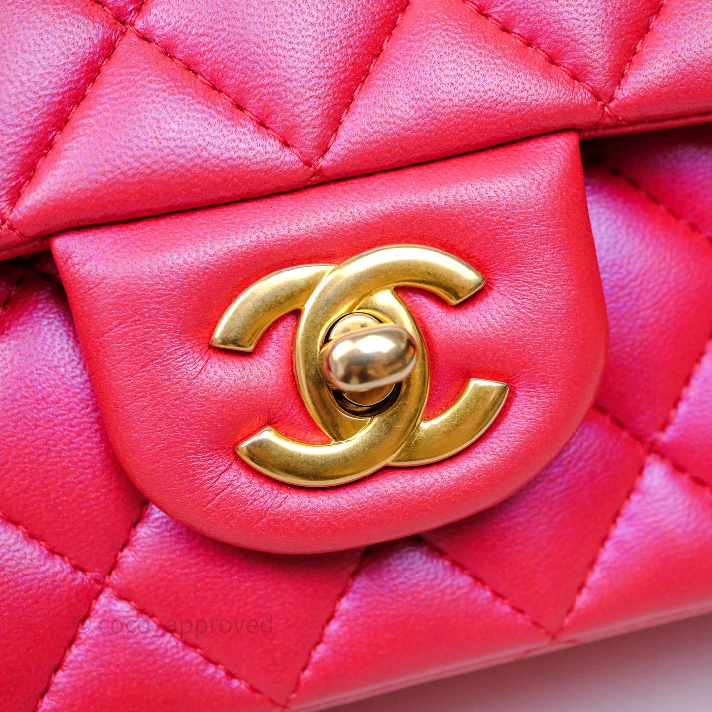 Chanel Top Handle Mini Rectangular Flap Bag Iridescent Dark Pink Lambskin Aged Gold Hardware